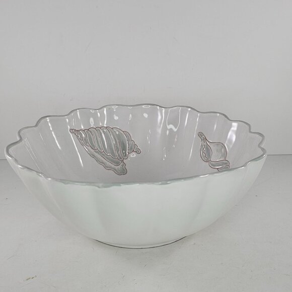 1970s Italian Majolica Palm Beach Style Seashell Embossed Serving Bowl Scalloped - Picture 6 of 8